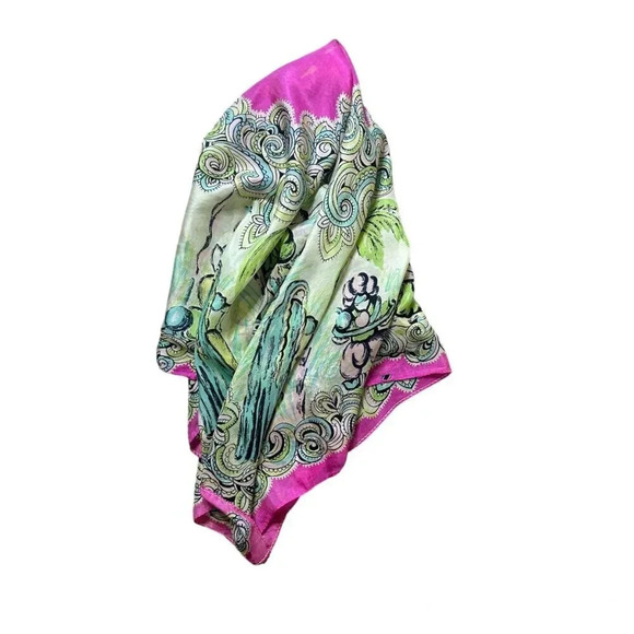 Vintage 100% Silk Snake Charmer Indian Dancers Square Scarf With Damage - Picture 2 of 11